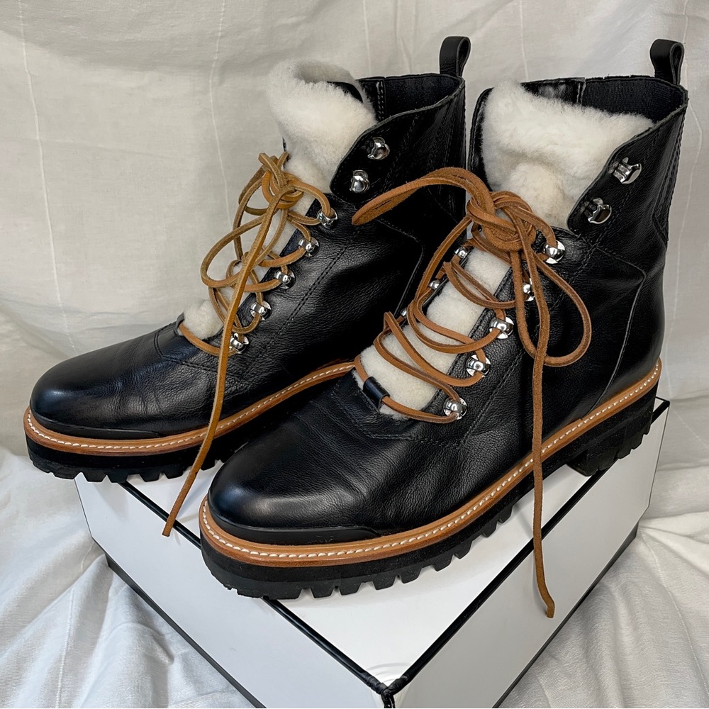 Marc Fisher Black Leather Boots w/Shearling Fur Lace-Up | WOMENS US/Size 9.5
